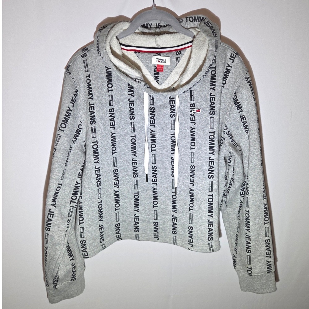 Tommy Jeans Womens Gray All Over Logo Print Cropped Hoodie Sweatshirt L T12H0DAB